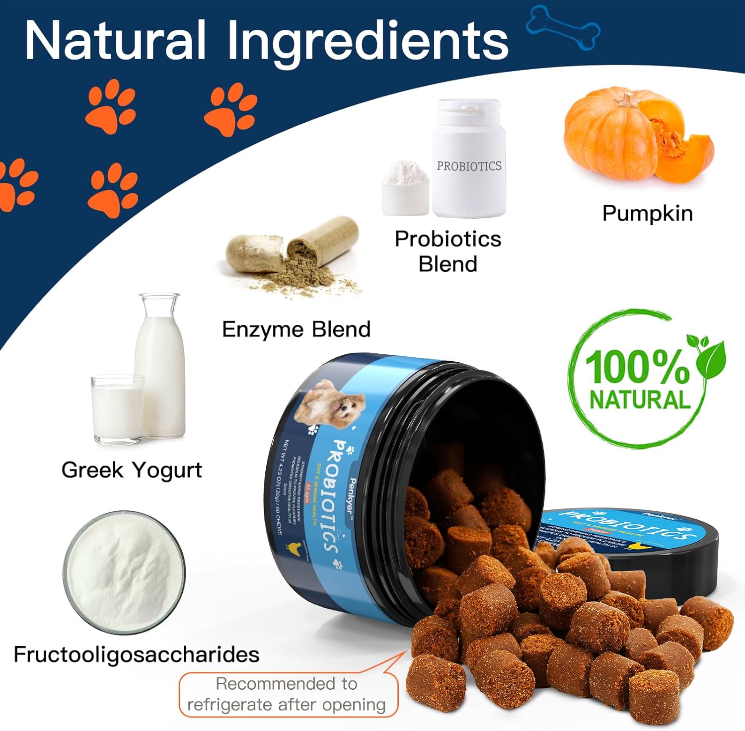 Chewable Dog Probiotic Chews with Prebiotics for Gut Health, Immunity, and Skin Support