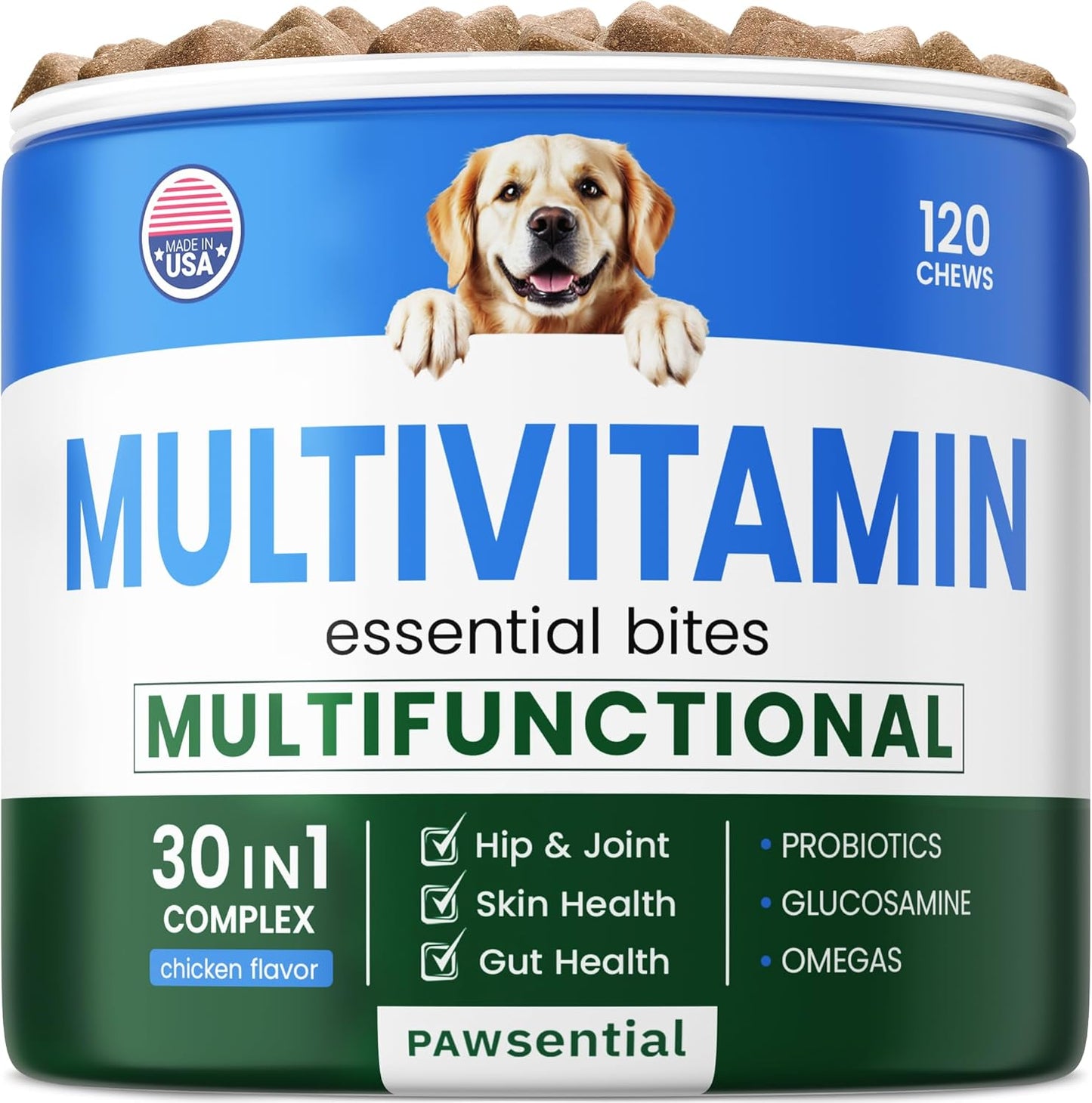 Chewable Dog Vitamins & Supplements with Glucosamine, Omega, Probiotics - Supports Skin, Coat, Hip, Joint, Gut Health - For Adult & Senior Dogs, Small & Large Breeds - 120 Ct Beef Flavor