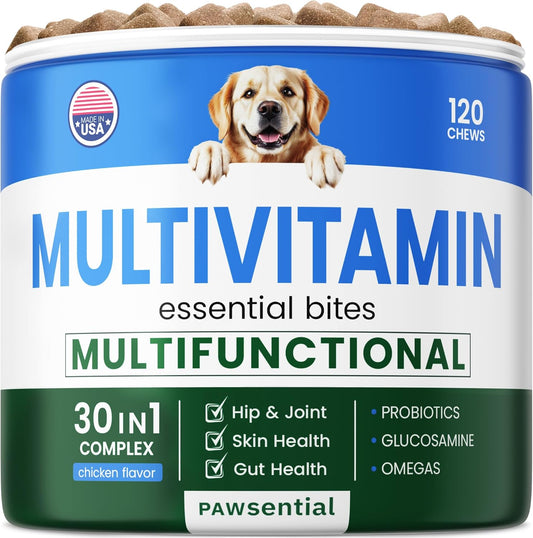 Chewable Dog Vitamins & Supplements with Glucosamine, Omega, Probiotics - Supports Skin, Coat, Hip, Joint, Gut Health - For Adult & Senior Dogs, Small & Large Breeds - 120 Ct Beef Flavor