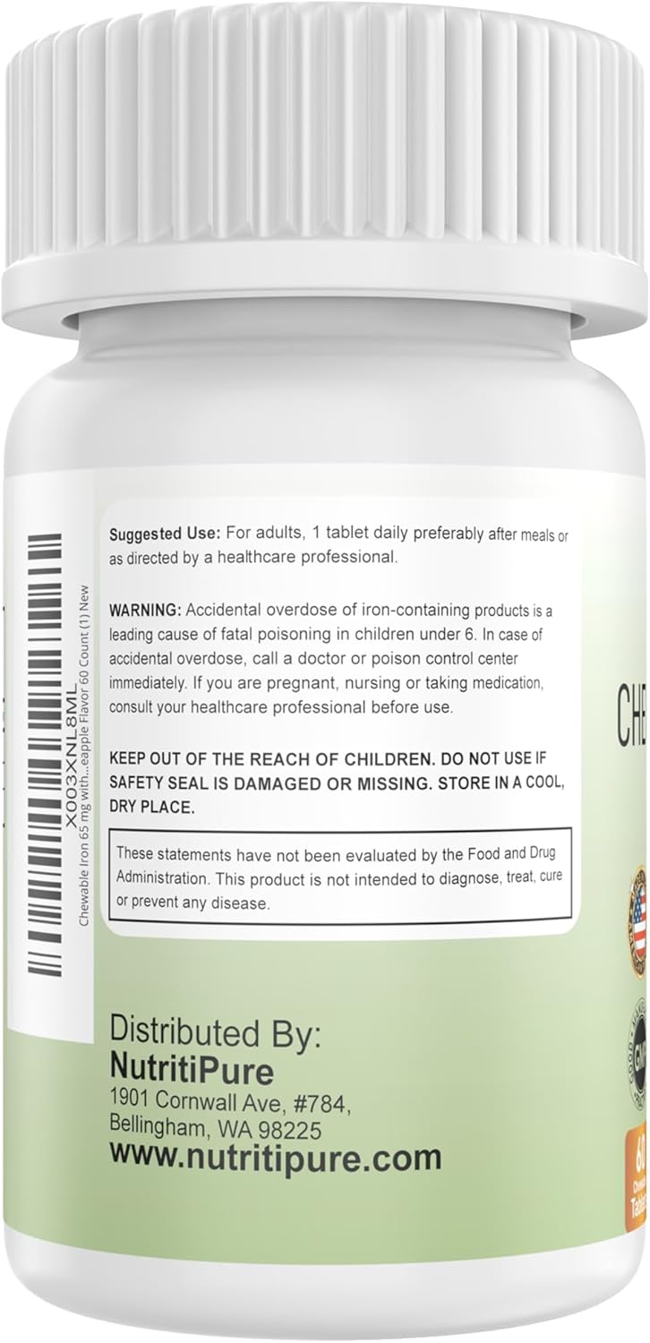 Chewable Iron Carbonyl 65mg with Vitamin C 180mg Pineapple Tablets for Women/Men - 60 Count