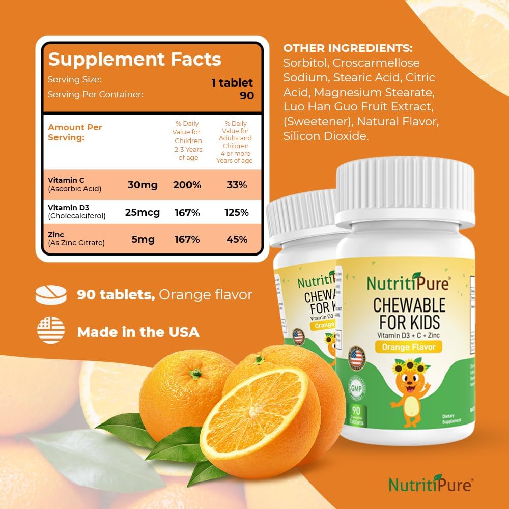 Chewable Kids Vitamin D3 with Zinc and Vitamin C - Orange Flavor - 90/Bottle