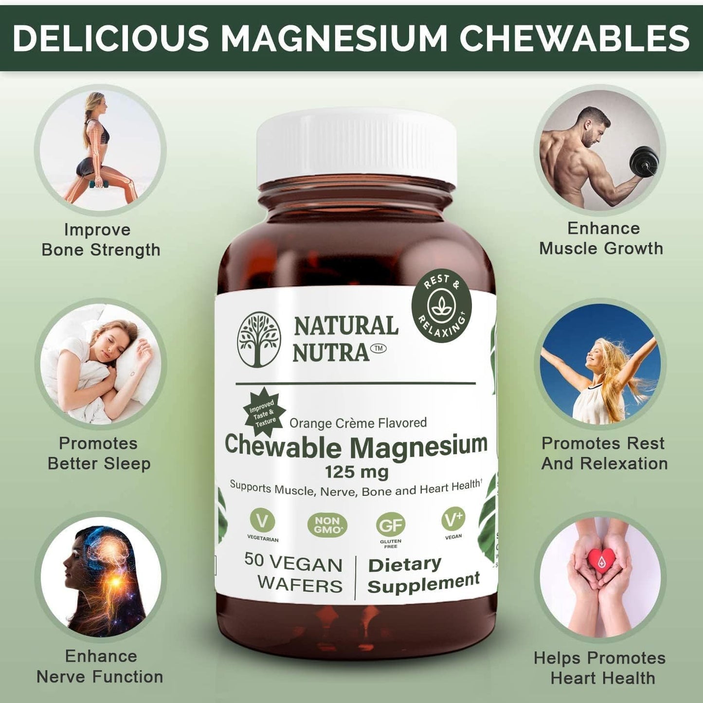 Chewable Magnesium Supplement with Citrate and Chelate for Better Sleep - 125mg, 50 Vegan Wafers