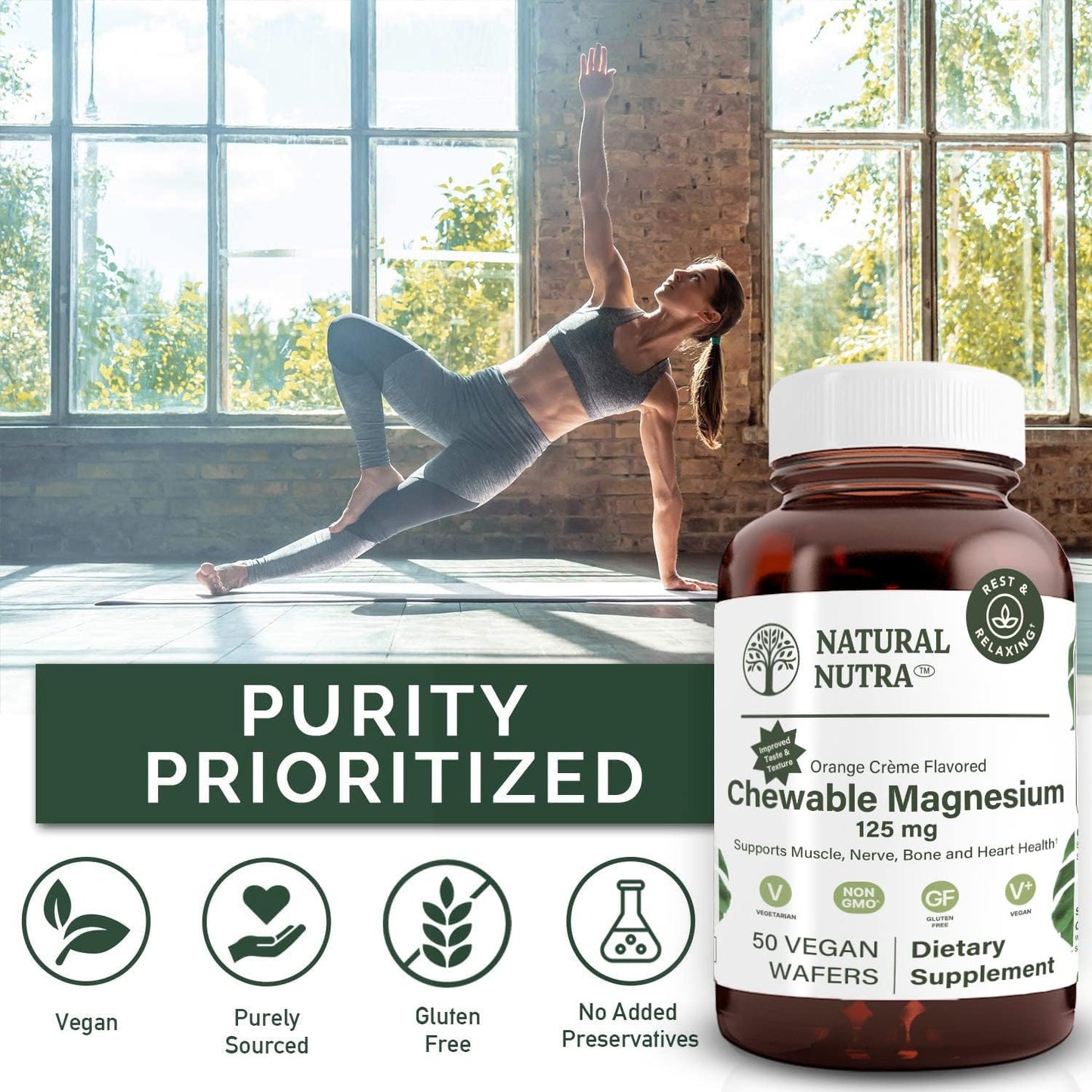Chewable Magnesium Supplement with Citrate and Chelate for Better Sleep - 125mg, 50 Vegan Wafers