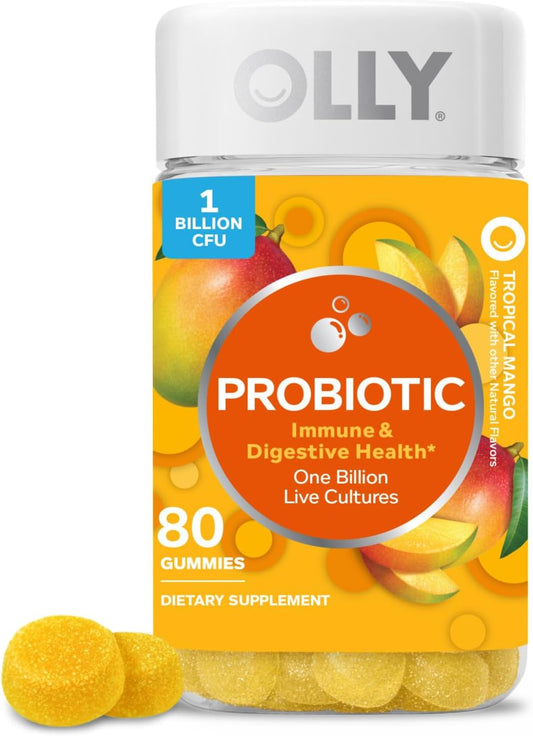 Chewable Mango Probiotic Gummy Supplement with 1 Billion CFUs for Immune and Digestive Support, 80 Count