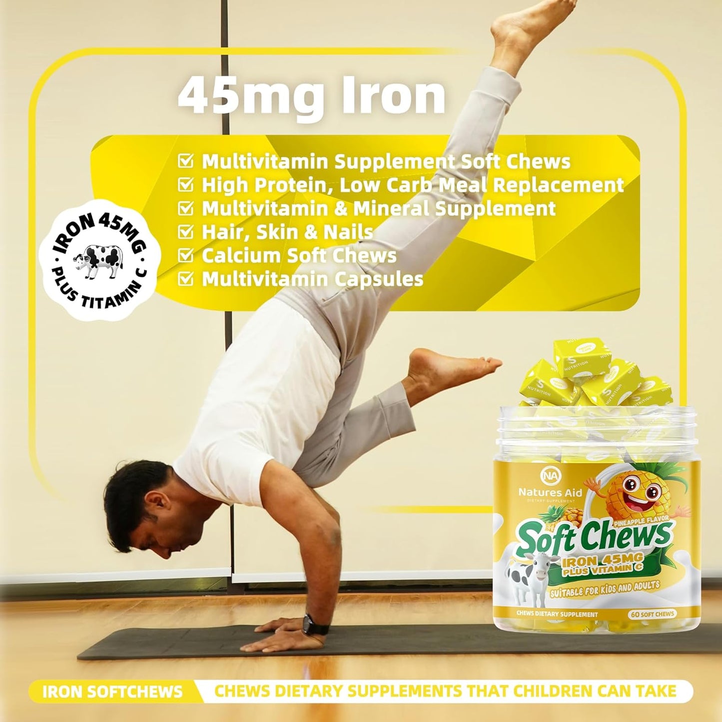 Chewable Pineapple Iron Supplement for Women, Men & Kids - High Absorption Iron with Vitamin C, Ferrous Fumarate, 2 Month Supply