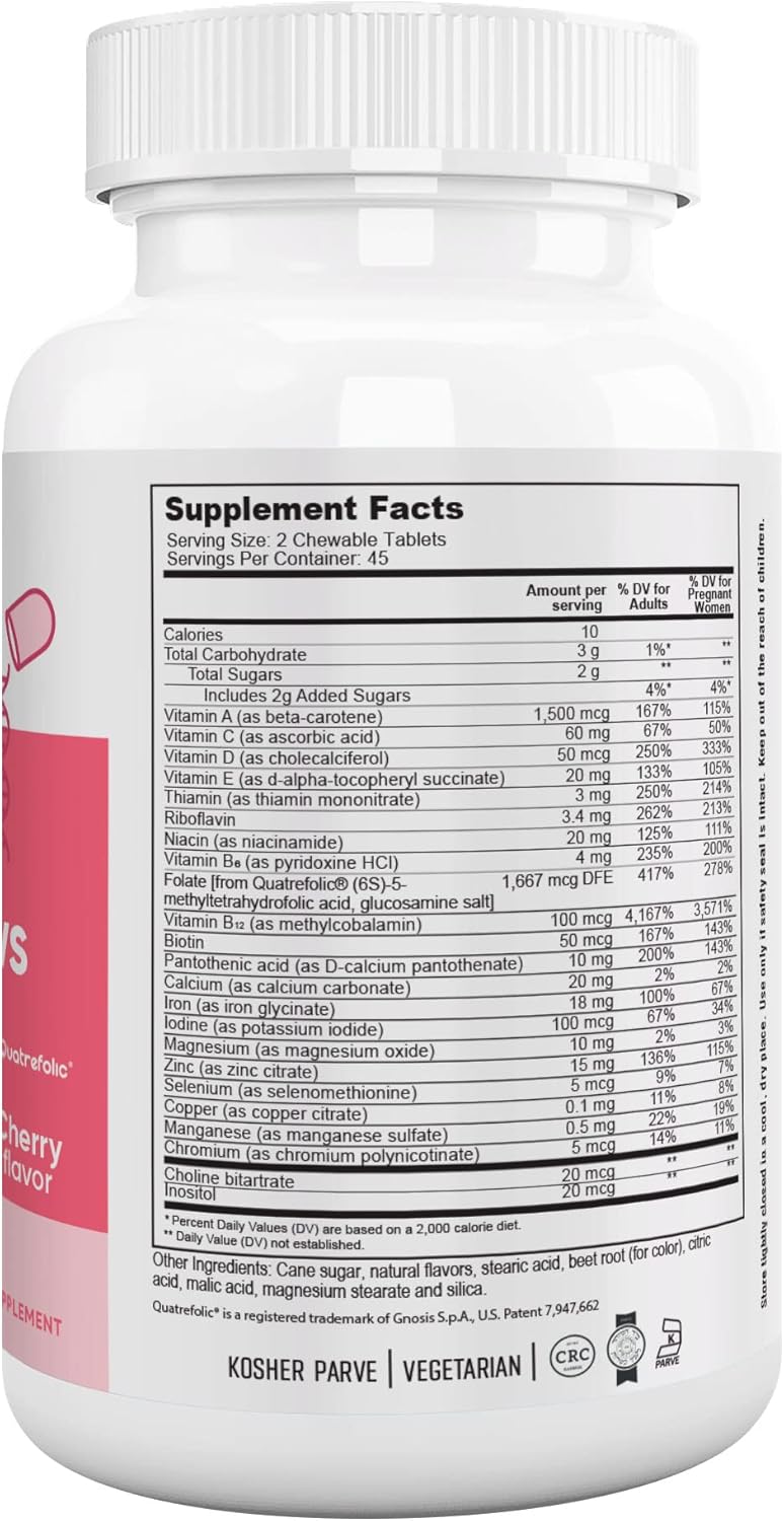 Chewable Prenatal Vitamins for Women with Methyl Folate - Kosher Cherry Flavor, 90 Count