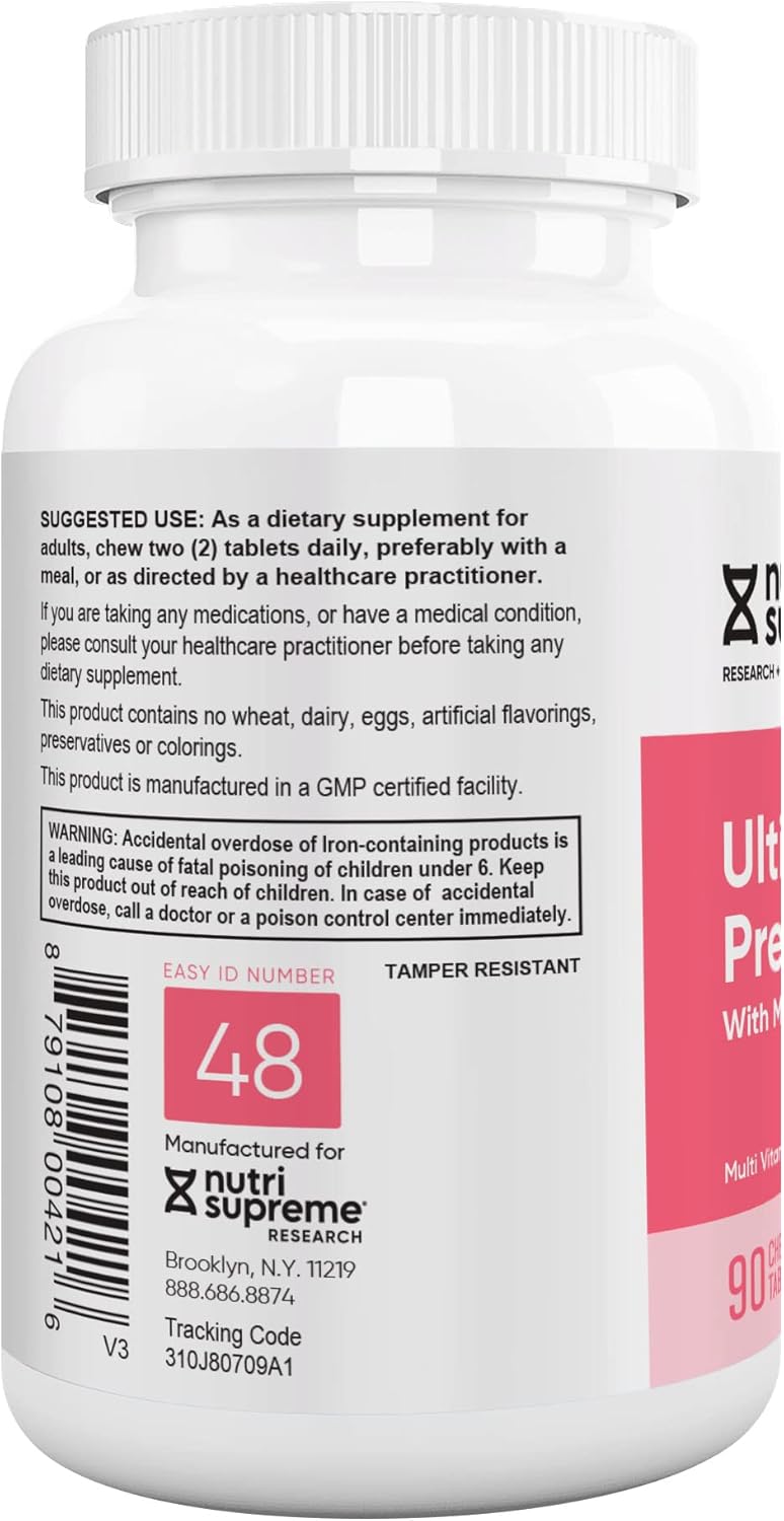 Chewable Prenatal Vitamins for Women with Methyl Folate - Kosher Cherry Flavor, 90 Count