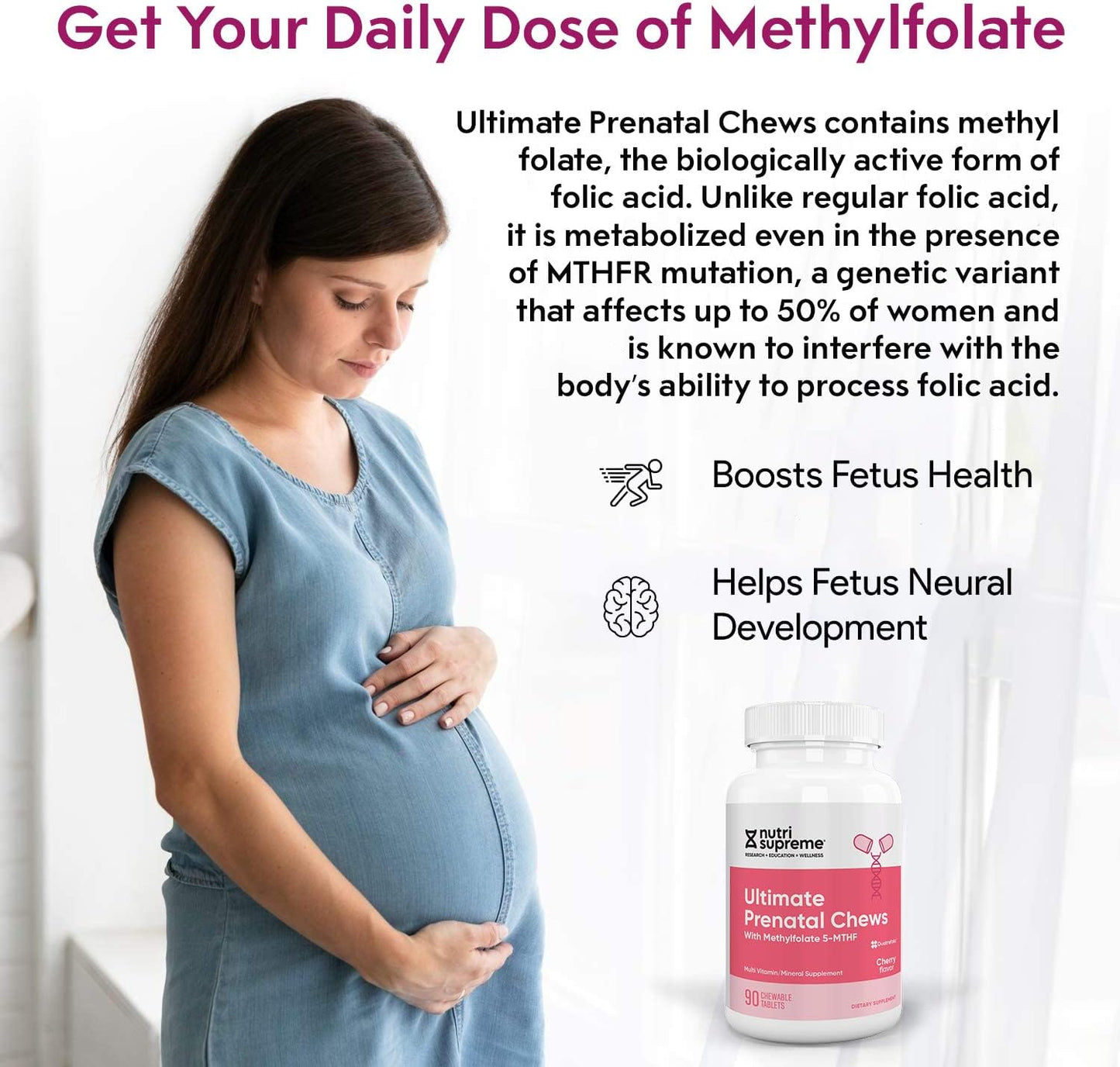Chewable Prenatal Vitamins for Women with Methyl Folate - Kosher Cherry Flavor, 90 Count