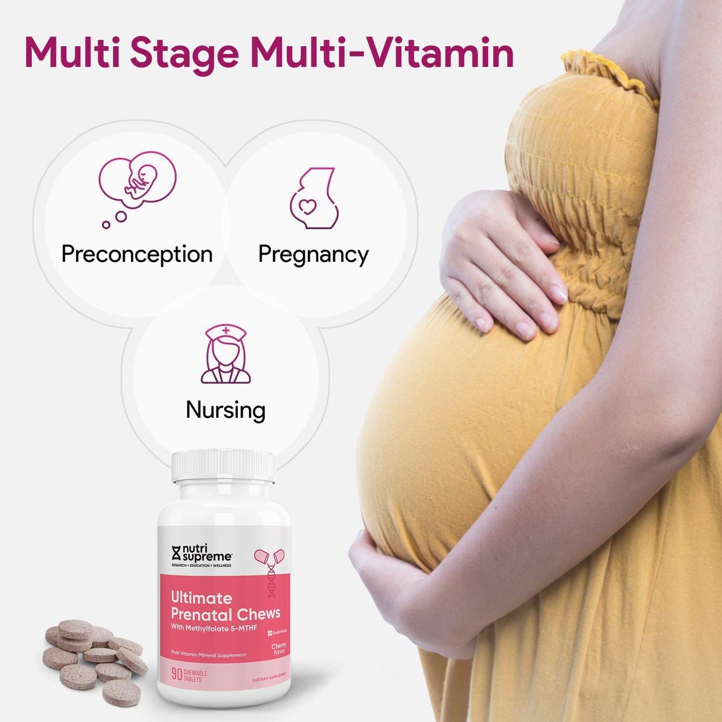 Chewable Prenatal Vitamins for Women with Methyl Folate - Kosher Cherry Flavor, 90 Count