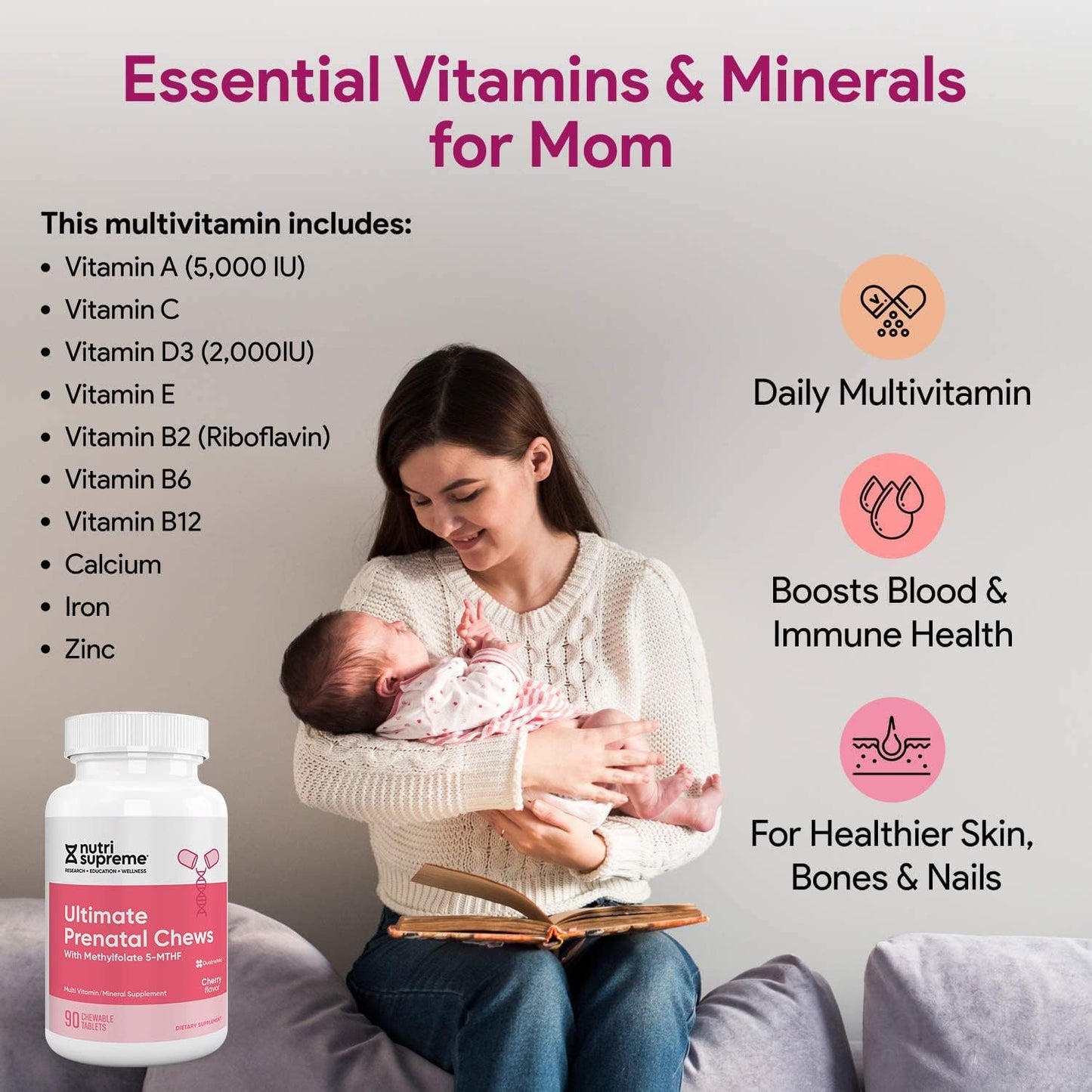 Chewable Prenatal Vitamins for Women with Methyl Folate - Kosher Cherry Flavor, 90 Count