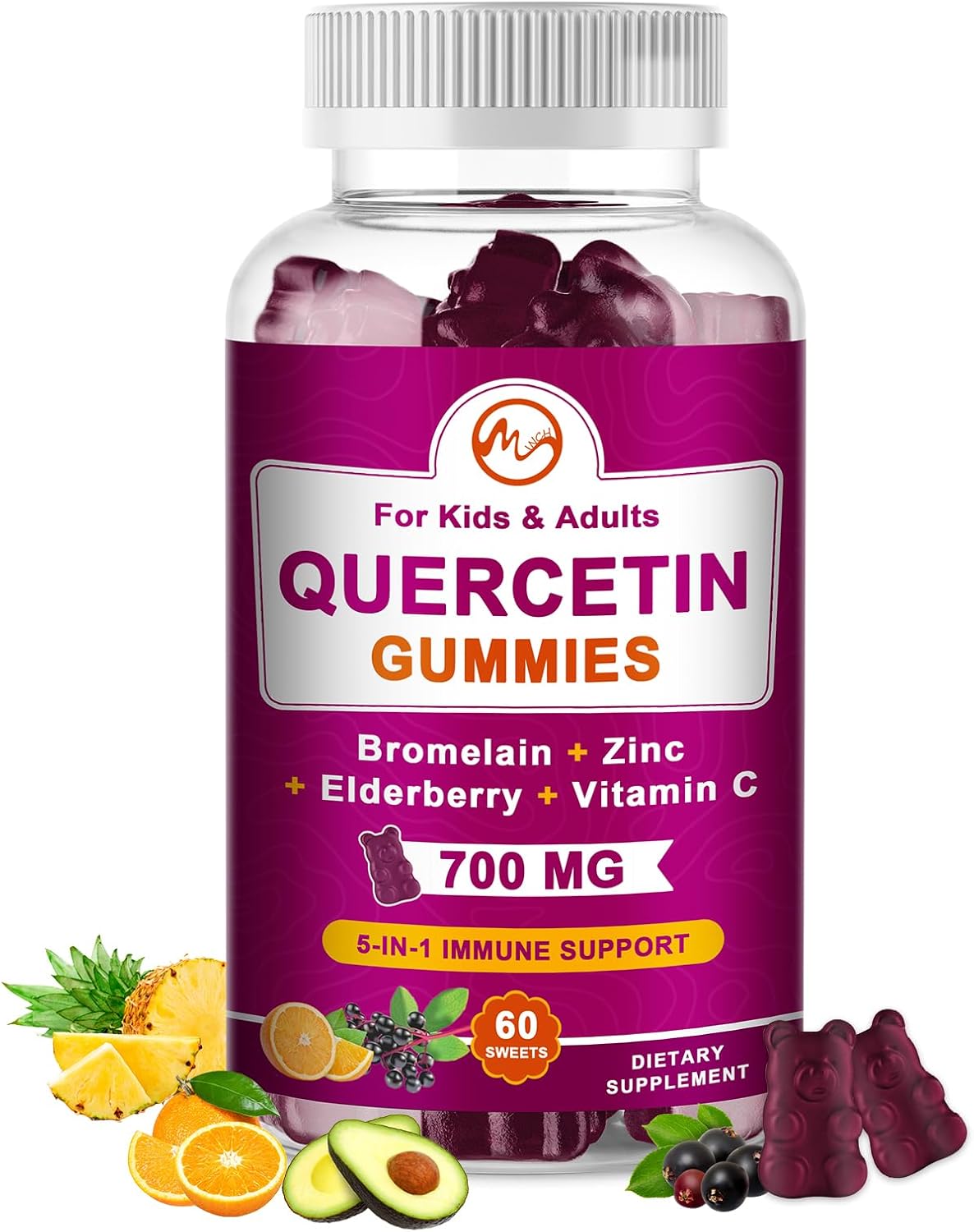 Chewable Quercetin Gummies with Bromelain, Elderberry, Zinc, and Vitamin C - Immune Support Vegan Supplement - 60 Gummies