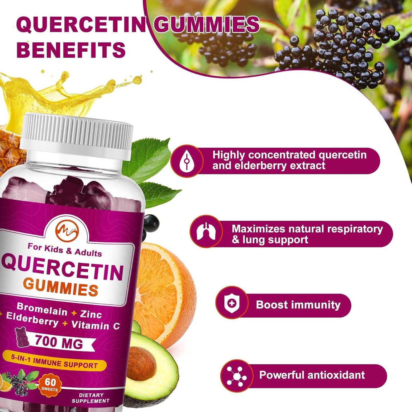 Chewable Quercetin Gummies with Bromelain, Elderberry, Zinc, and Vitamin C - Immune Support Vegan Supplement - 60 Gummies