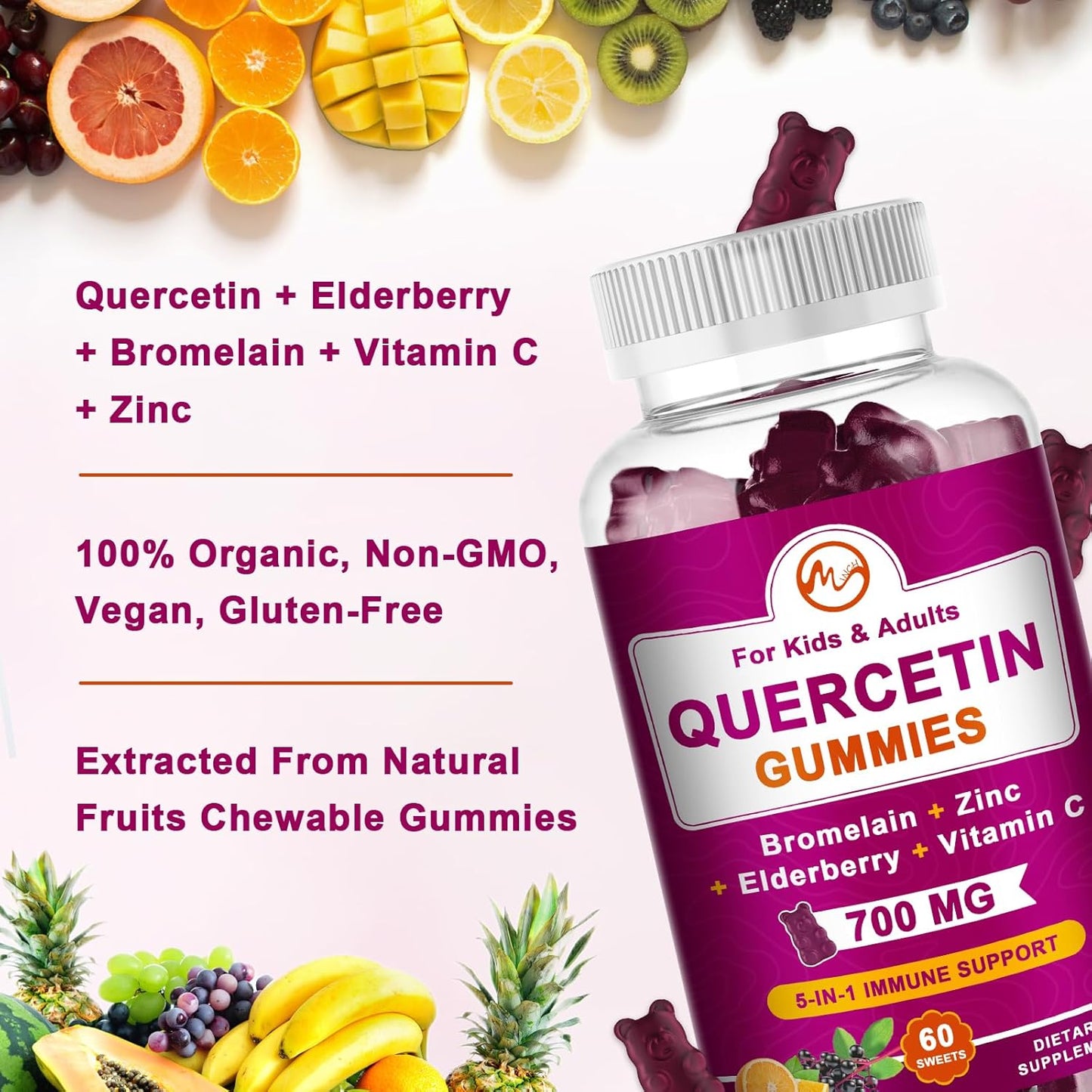Chewable Quercetin Gummies with Bromelain, Elderberry, Zinc, and Vitamin C - Immune Support Vegan Supplement - 60 Gummies