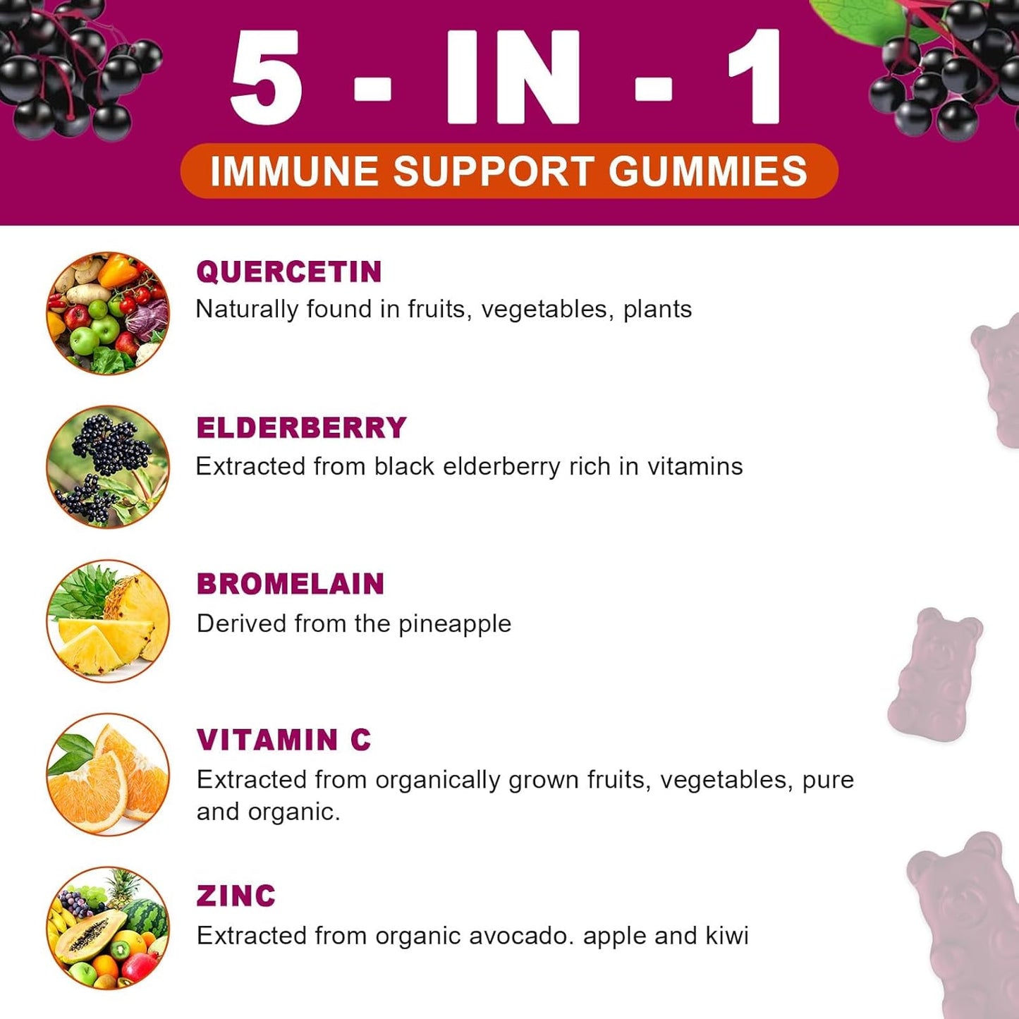 Chewable Quercetin Gummies with Bromelain, Elderberry, Zinc, and Vitamin C - Immune Support Vegan Supplement - 60 Gummies