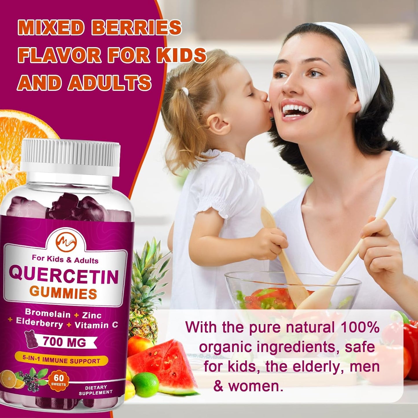 Chewable Quercetin Gummies with Bromelain, Elderberry, Zinc, and Vitamin C - Immune Support Vegan Supplement - 60 Gummies