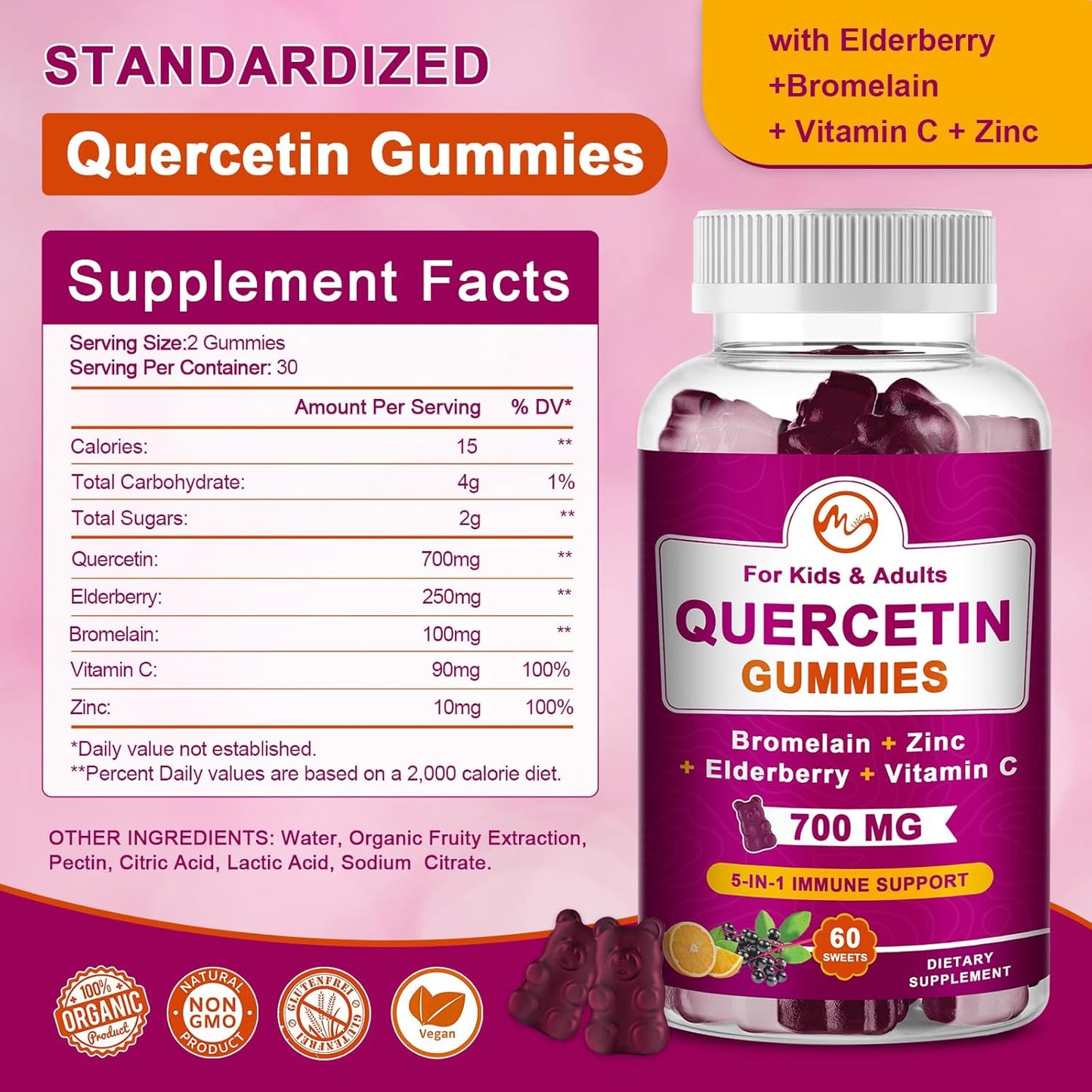 Chewable Quercetin Gummies with Bromelain, Elderberry, Zinc, and Vitamin C - Immune Support Vegan Supplement - 60 Gummies