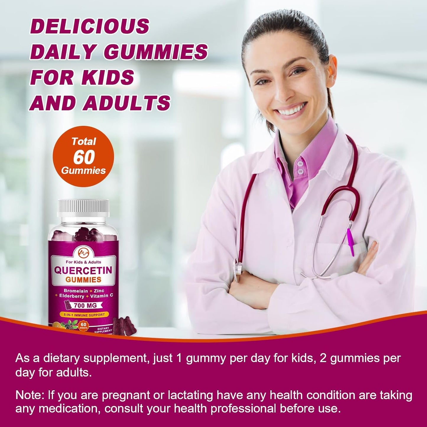 Chewable Quercetin Gummies with Bromelain, Elderberry, Zinc, and Vitamin C - Immune Support Vegan Supplement - 60 Gummies