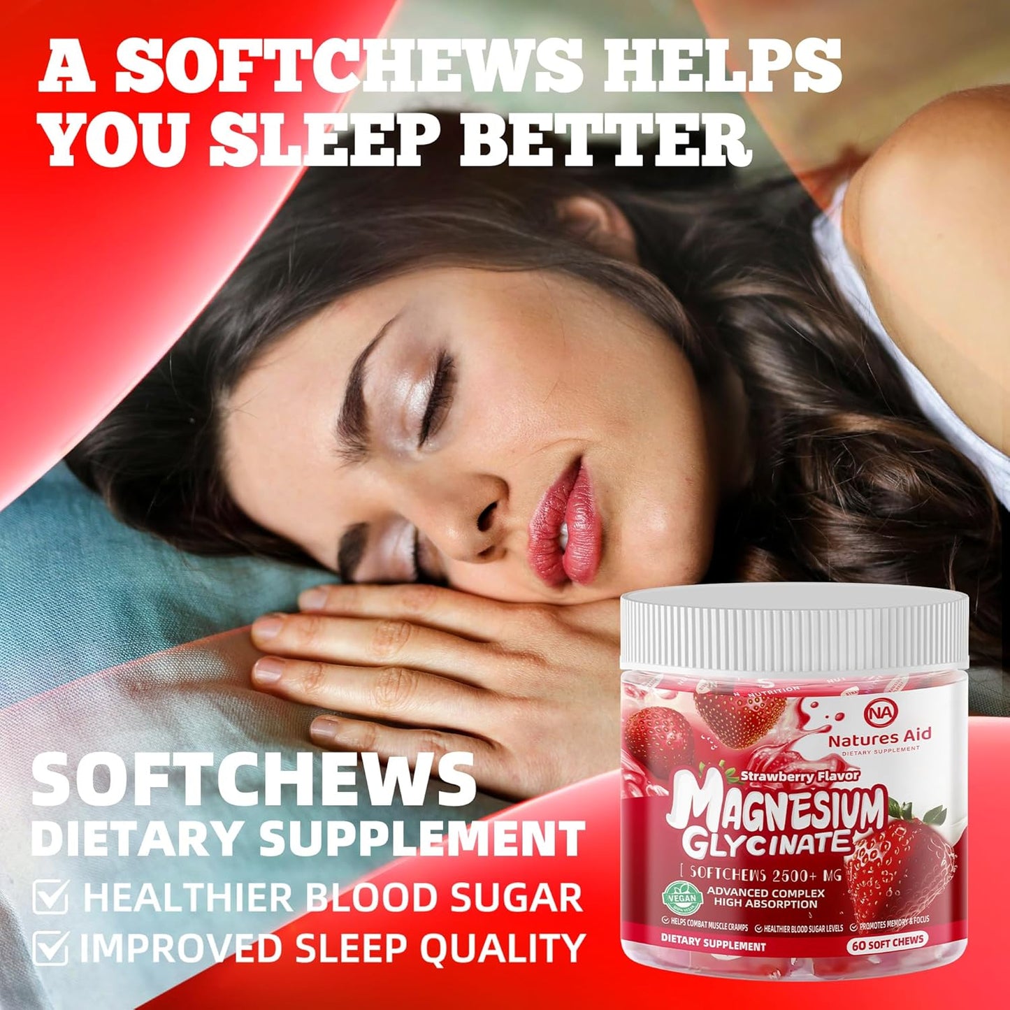 Chewable Sugar-Free Magnesium Glycinate Soft Chews with Vitamin D & CoQ10, Strawberry Flavor for Calm Support & Sleep, 60 Days Supply