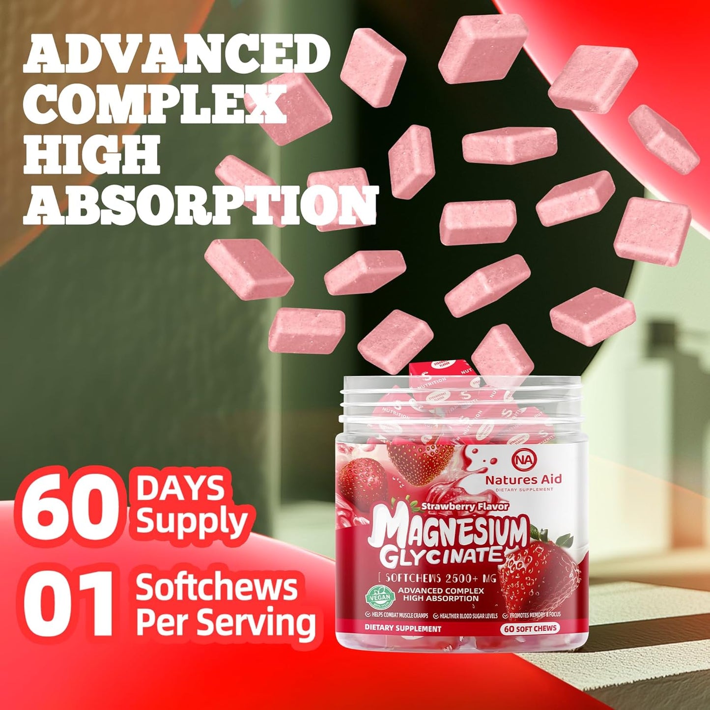 Chewable Sugar-Free Magnesium Glycinate Soft Chews with Vitamin D & CoQ10, Strawberry Flavor for Calm Support & Sleep, 60 Days Supply