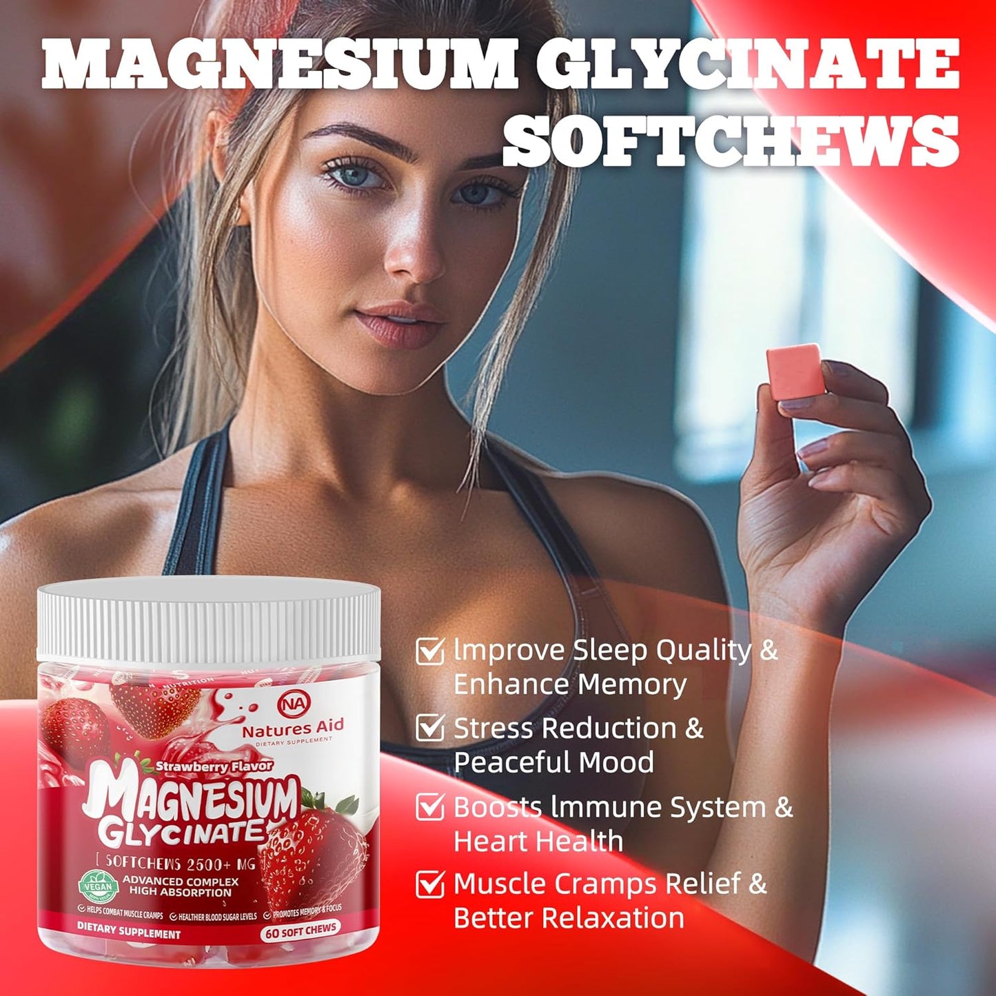 Chewable Sugar-Free Magnesium Glycinate Soft Chews with Vitamin D & CoQ10, Strawberry Flavor for Calm Support & Sleep, 60 Days Supply
