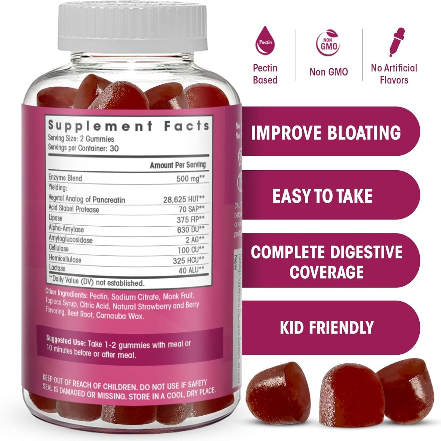 Chewable Vegan Digestive Enzyme Gummies for Food Intolerance and Bloating - 60 Count