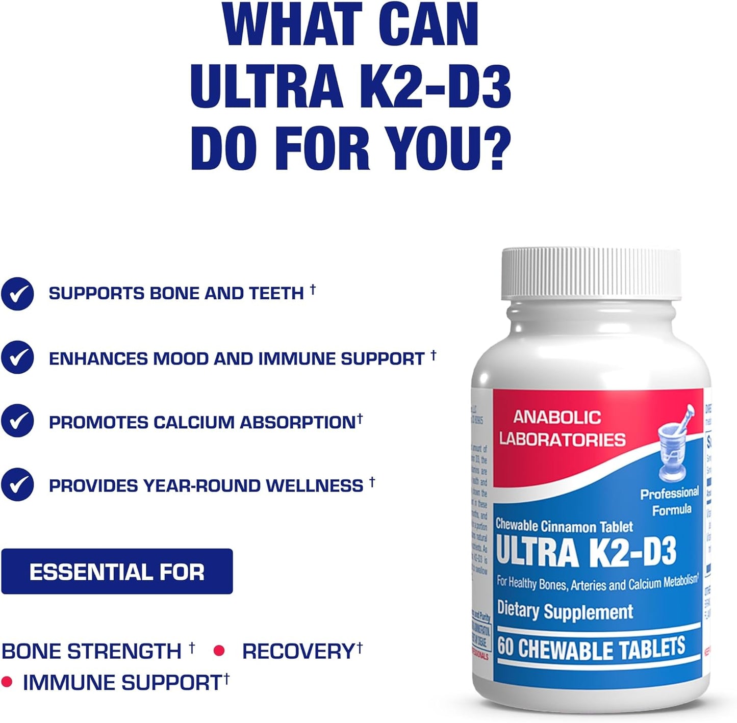 Chewable Vitamin D and K2 Supplement for Bone, Teeth, Mood, and Immune Support - 2000IU D3 K2 with Calcium Absorption - Vegetarian Cinnamon Flavor - 60 Day Supply