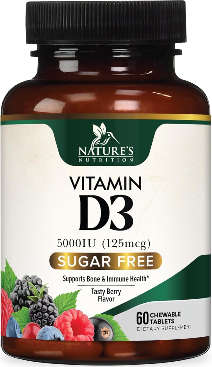 Chewable Vitamin D3 5000 IU (125 mcg) - Supports Bone, Teeth, Muscle & Immune Health - Non-GMO, Gluten Free - 60 Tablets