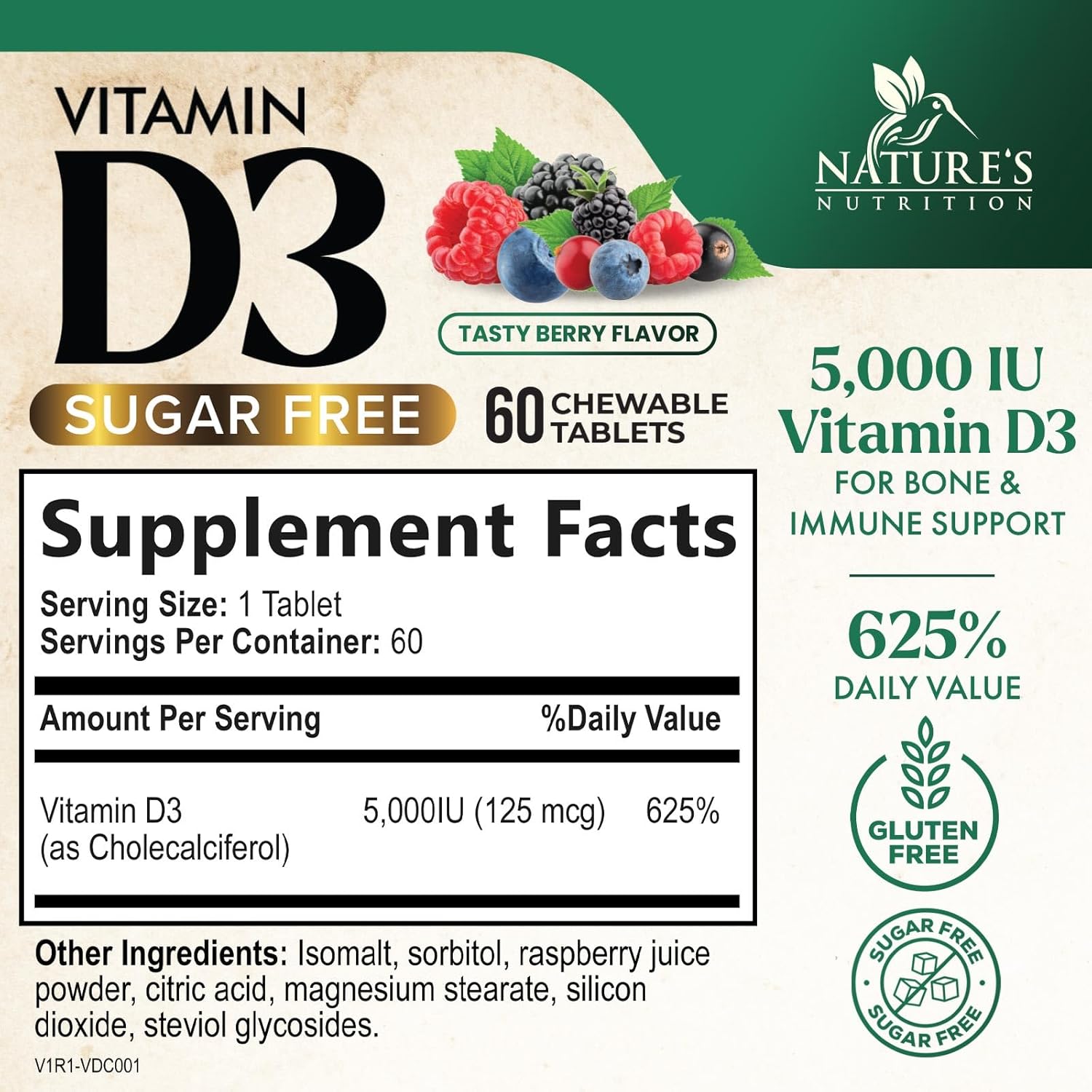 Chewable Vitamin D3 5000 IU (125 mcg) - Supports Bone, Teeth, Muscle & Immune Health - Non-GMO, Gluten Free - 60 Tablets