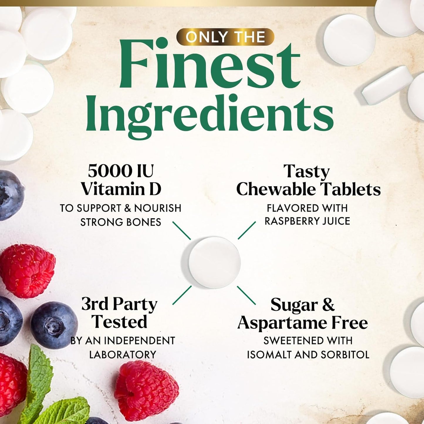 Chewable Vitamin D3 5000 IU (125 mcg) - Supports Bone, Teeth, Muscle & Immune Health - Non-GMO, Gluten Free - 60 Tablets