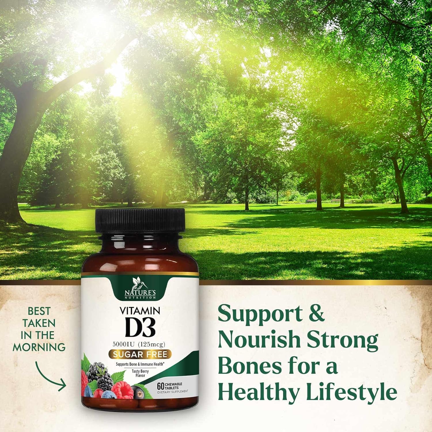 Chewable Vitamin D3 5000 IU (125 mcg) - Supports Bone, Teeth, Muscle & Immune Health - Non-GMO, Gluten Free - 60 Tablets