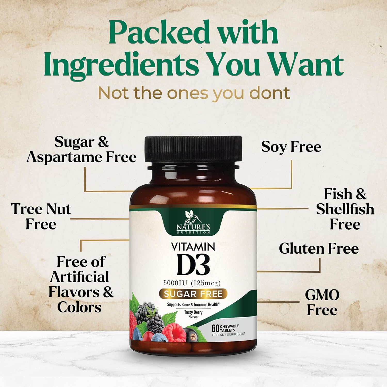 Chewable Vitamin D3 5000 IU (125 mcg) - Supports Bone, Teeth, Muscle & Immune Health - Non-GMO, Gluten Free - 60 Tablets