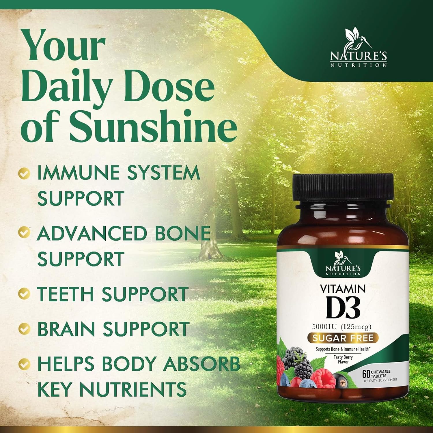 Chewable Vitamin D3 5000 IU (125 mcg) - Supports Bone, Teeth, Muscle & Immune Health - Non-GMO, Gluten Free - 60 Tablets