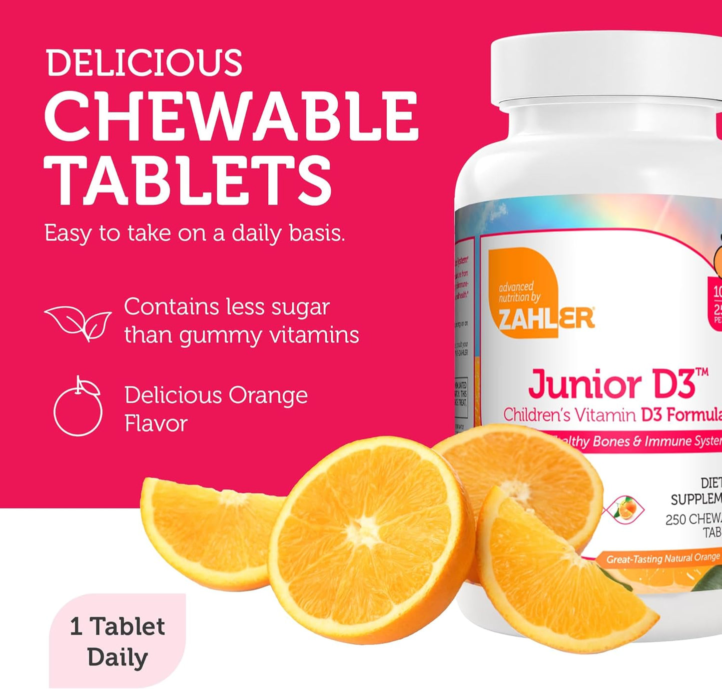 Chewable Vitamin D3 for Kids 1000 IU - Supports Bone, Teeth & Immune Health - Kosher Orange Flavor - 250 Count.