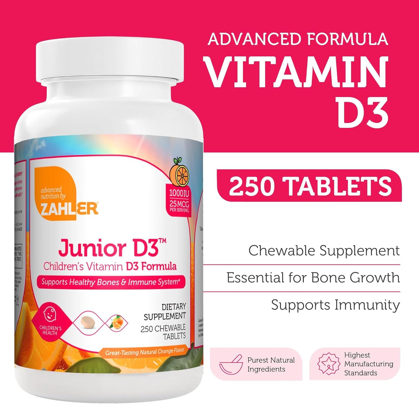 Chewable Vitamin D3 for Kids 1000 IU - Supports Bone, Teeth & Immune Health - Kosher Orange Flavor - 250 Count.