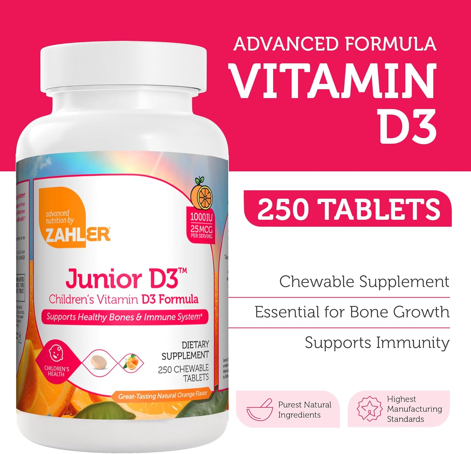 Chewable Vitamin D3 for Kids 1000 IU - Supports Bone, Teeth & Immune Health - Kosher Orange Flavor - 250 Count.