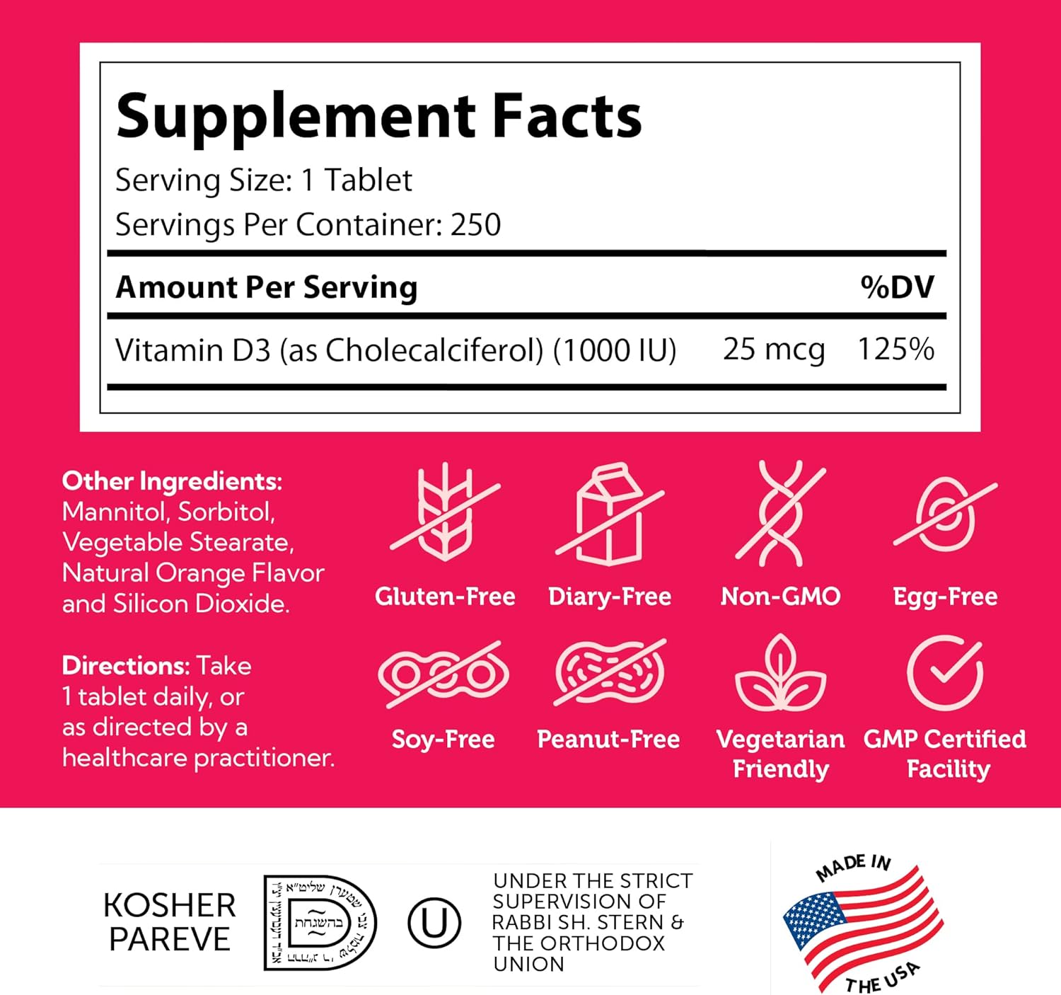 Chewable Vitamin D3 for Kids 1000 IU - Supports Bone, Teeth & Immune Health - Kosher Orange Flavor - 250 Count.