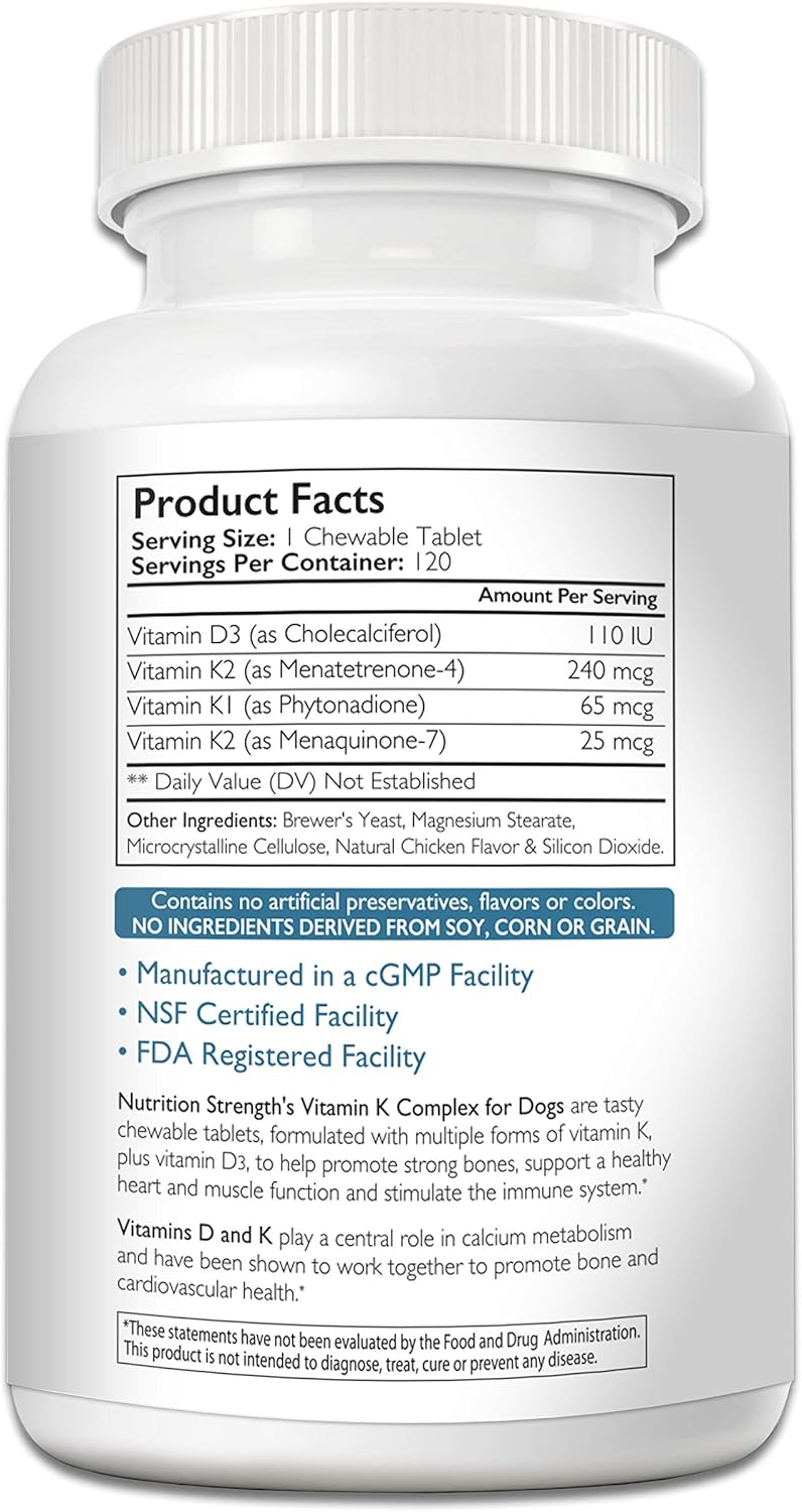 Chewable Vitamin K for Dogs with Vitamin D3 for Strong Bones and Healthy Heart - 120 Tablets