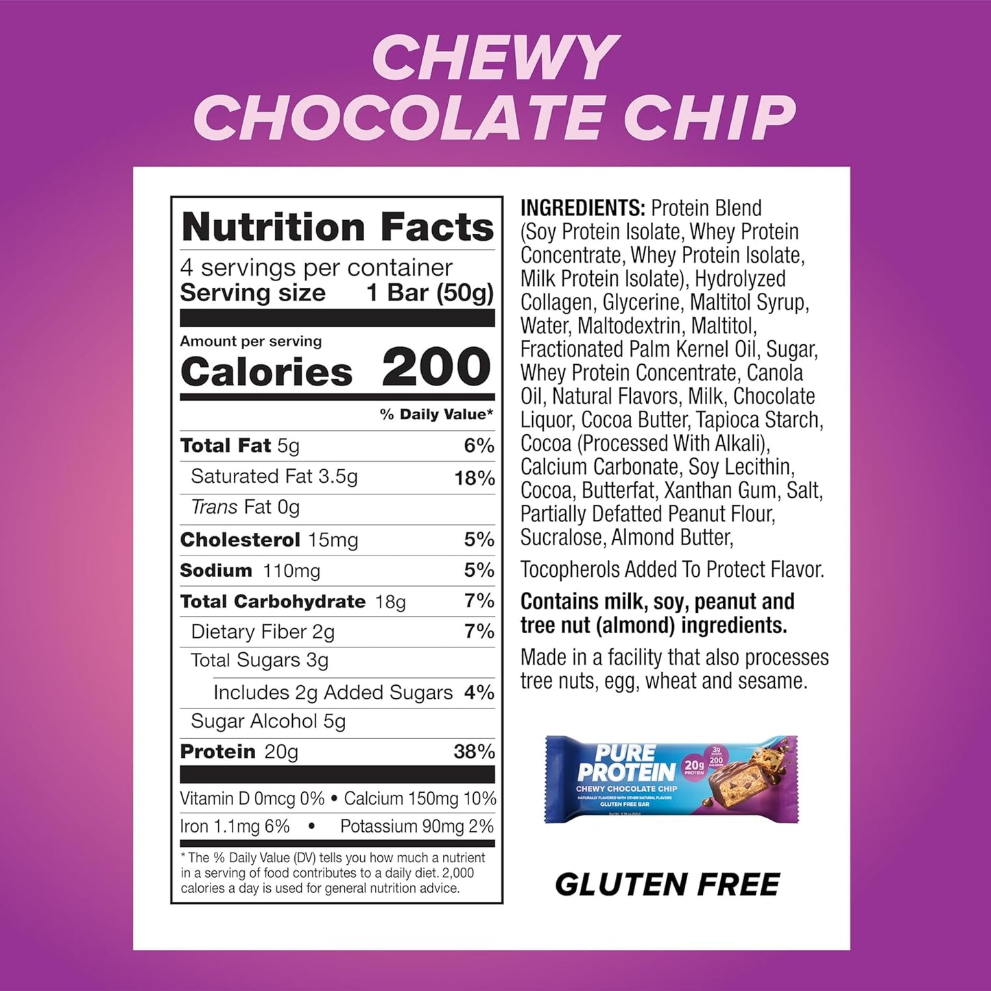 Chewy Chocolate Chip Pure Protein Bars, High Protein Snacks for Energy, Low Sugar, Gluten Free, 1.76oz, Pack of 4