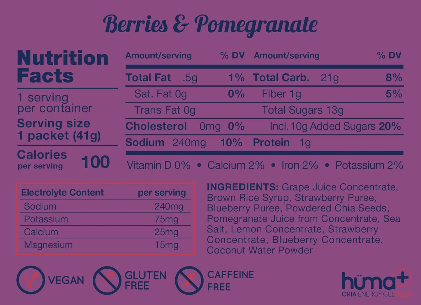 Chia Energy Gel Huma Plus with Double Electrolytes - Berries & Pomegranate Flavor, 24 Pack of Stomach Friendly Real Food Gels
