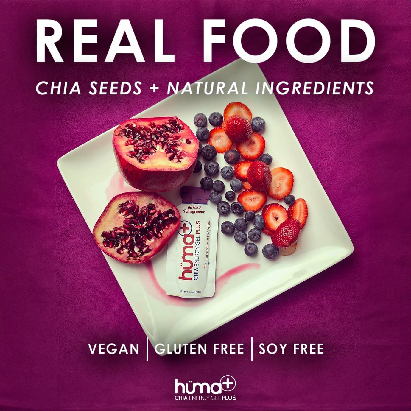 Chia Energy Gel Huma Plus with Double Electrolytes - Berries & Pomegranate Flavor, 24 Pack of Stomach Friendly Real Food Gels