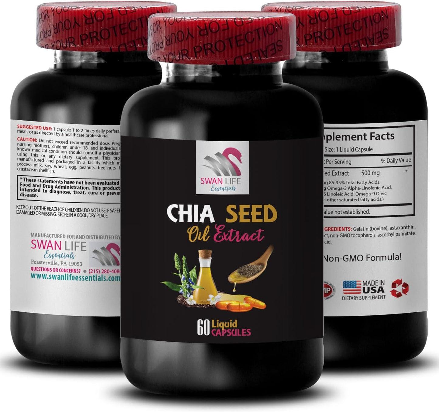 Chia Seed Oil Extract - Hydrating Hair and Body Oil for Natural Shine and Glossy Finish - 3 Bottles 180 Capsules