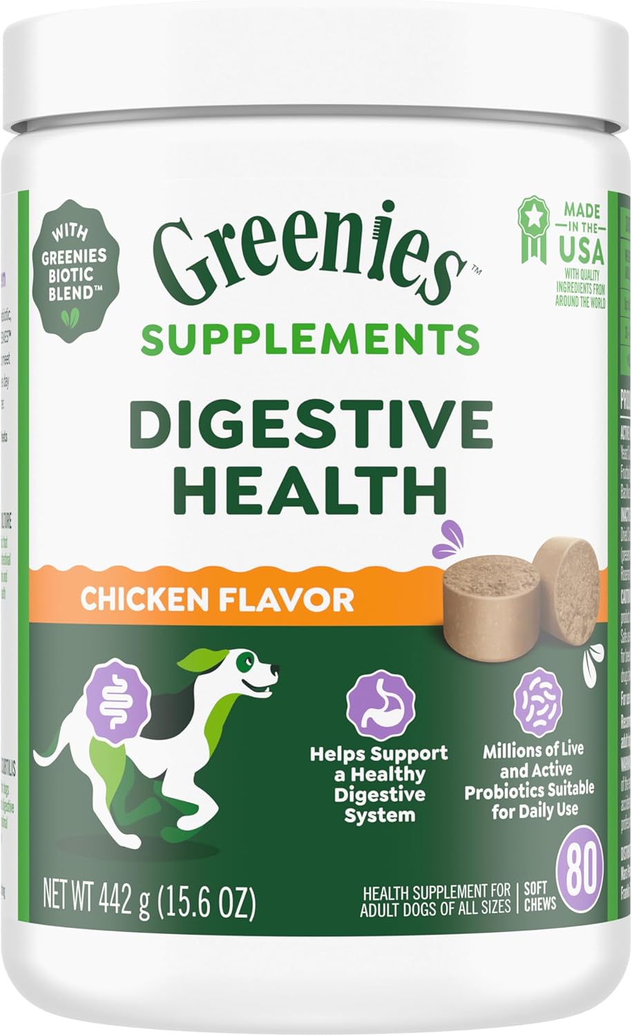 Chicken Flavor Greenies Digestive Health Probiotics Soft Chews for Dogs - 80 ct. Tub, 15.6 oz.