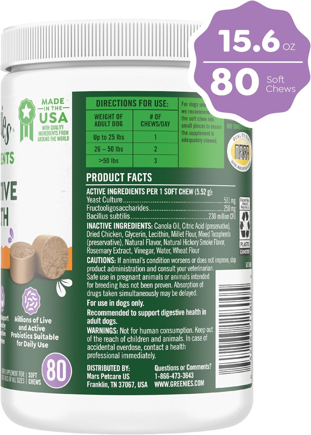 Chicken Flavor Greenies Digestive Health Probiotics Soft Chews for Dogs - 80 ct. Tub, 15.6 oz.