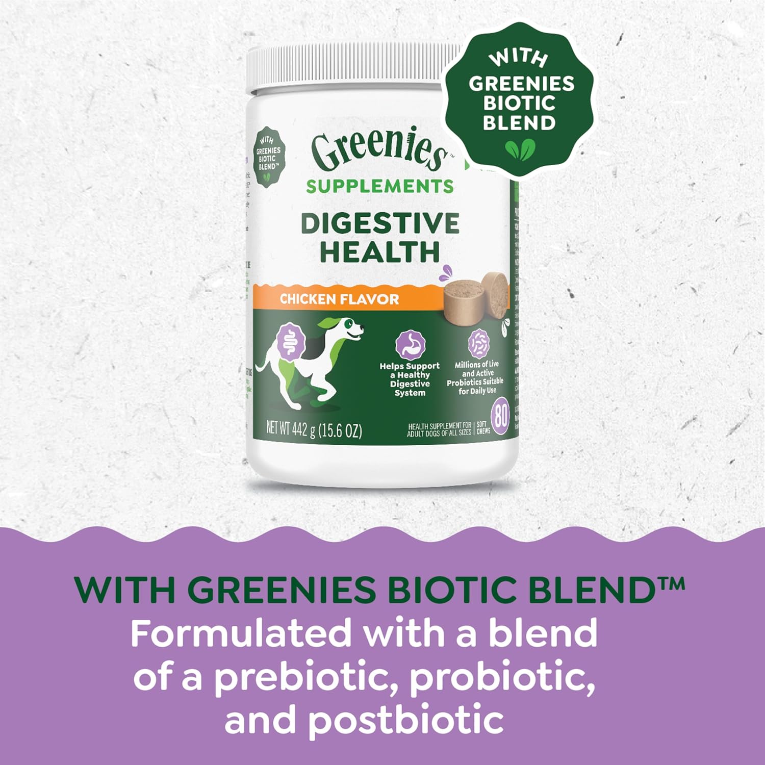 Chicken Flavor Greenies Digestive Health Probiotics Soft Chews for Dogs - 80 ct. Tub, 15.6 oz.