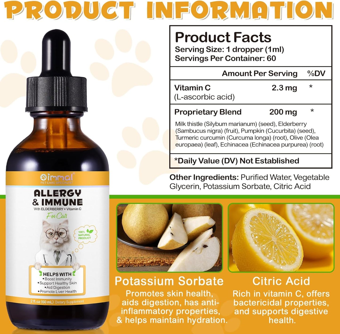 Chicken Flavored Cat Allergy Relief Drops - Immune System Booster for Seasonal Allergies & Digestive Health - 60ml