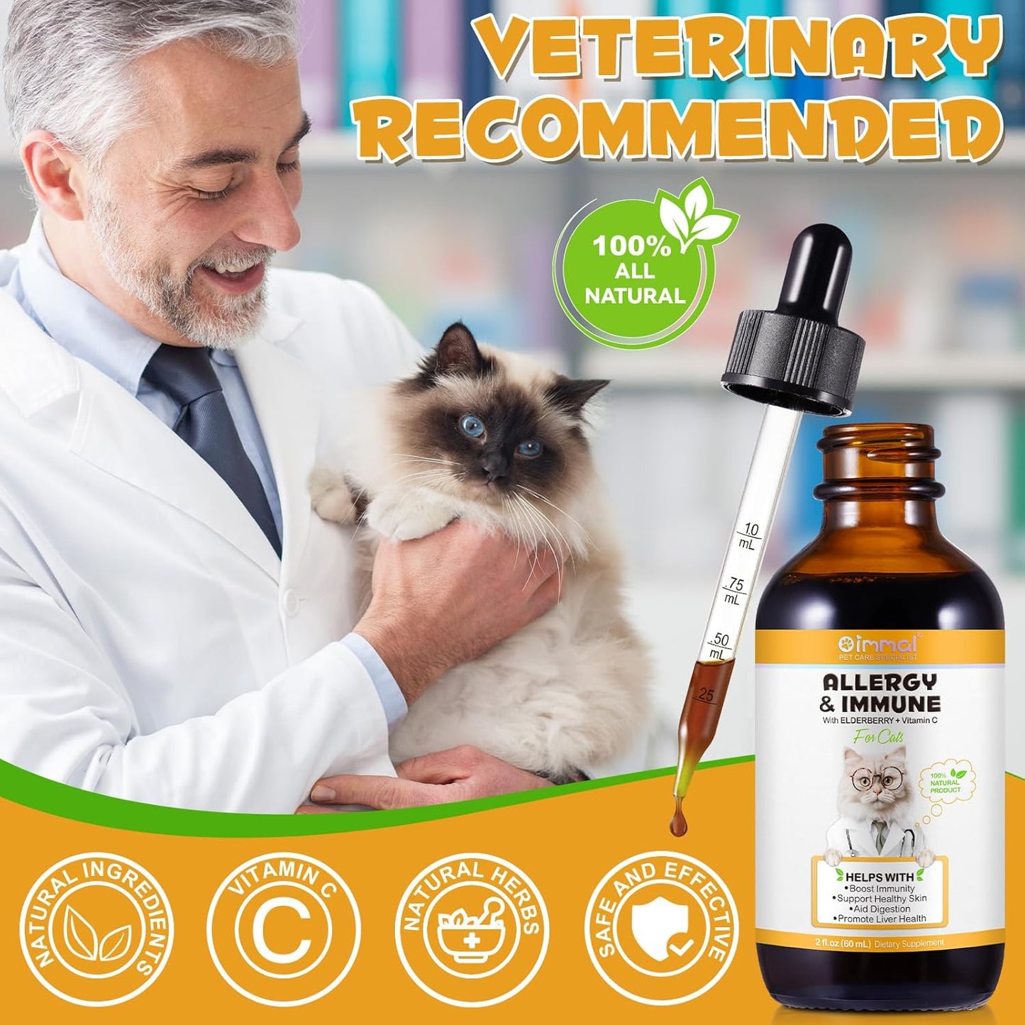 Chicken Flavored Cat Allergy Relief Drops - Immune System Booster for Seasonal Allergies & Digestive Health - 60ml