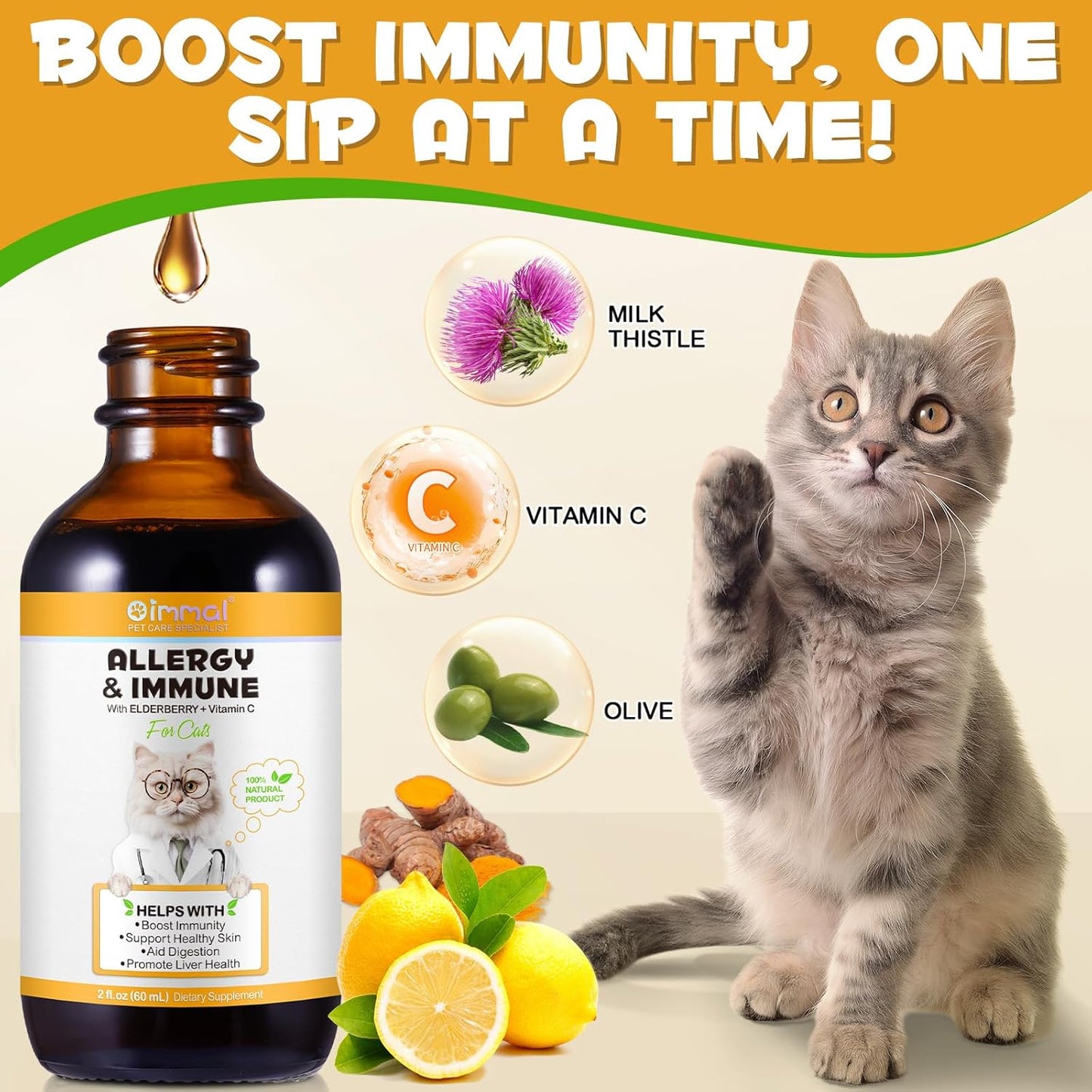 Chicken Flavored Cat Allergy Relief Drops - Immune System Booster for Seasonal Allergies & Digestive Health - 60ml