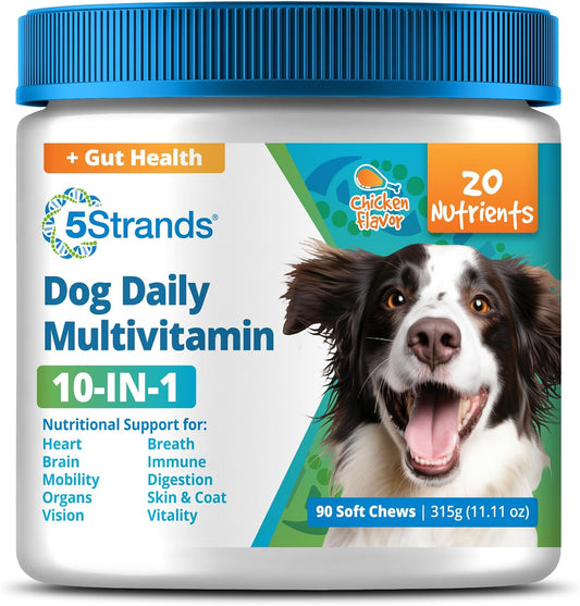 Chicken Flavored Dog Multivitamin Chews with 10-in-1 Vitamins & Postbiotics for Digestion, Brain, Organs, Heart, Mobility, Vision, Skin & Coat, Immune Health - All Ages & Breeds - 90ct