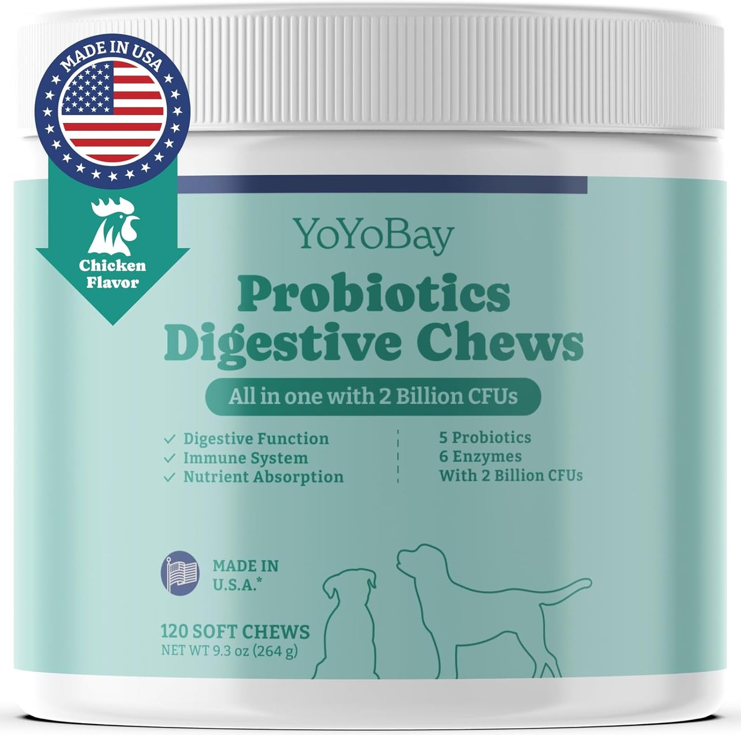 Chicken Flavored Dog Probiotics with Enzymes for Gut Health - 120 Soft Chews for Immune Support & Yeast Balance