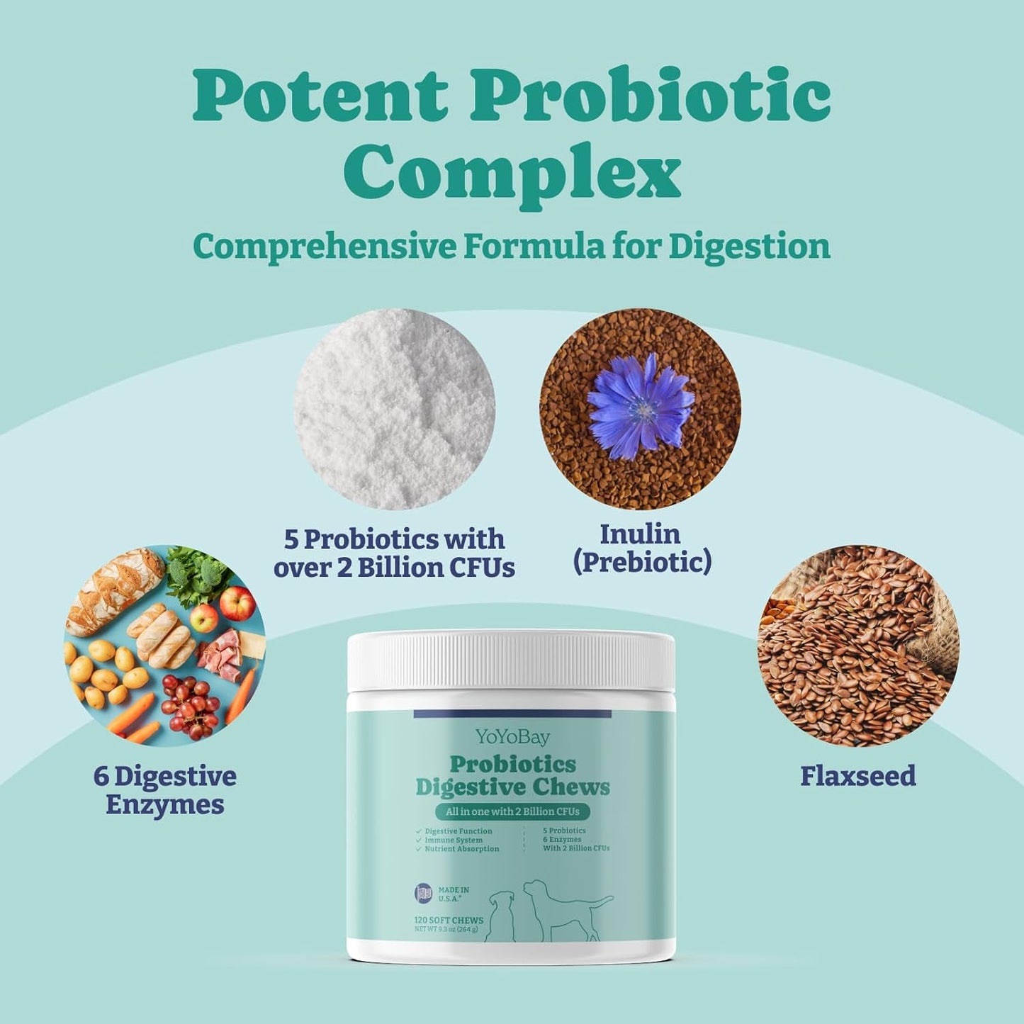 Chicken Flavored Dog Probiotics with Enzymes for Gut Health - 120 Soft Chews for Immune Support & Yeast Balance